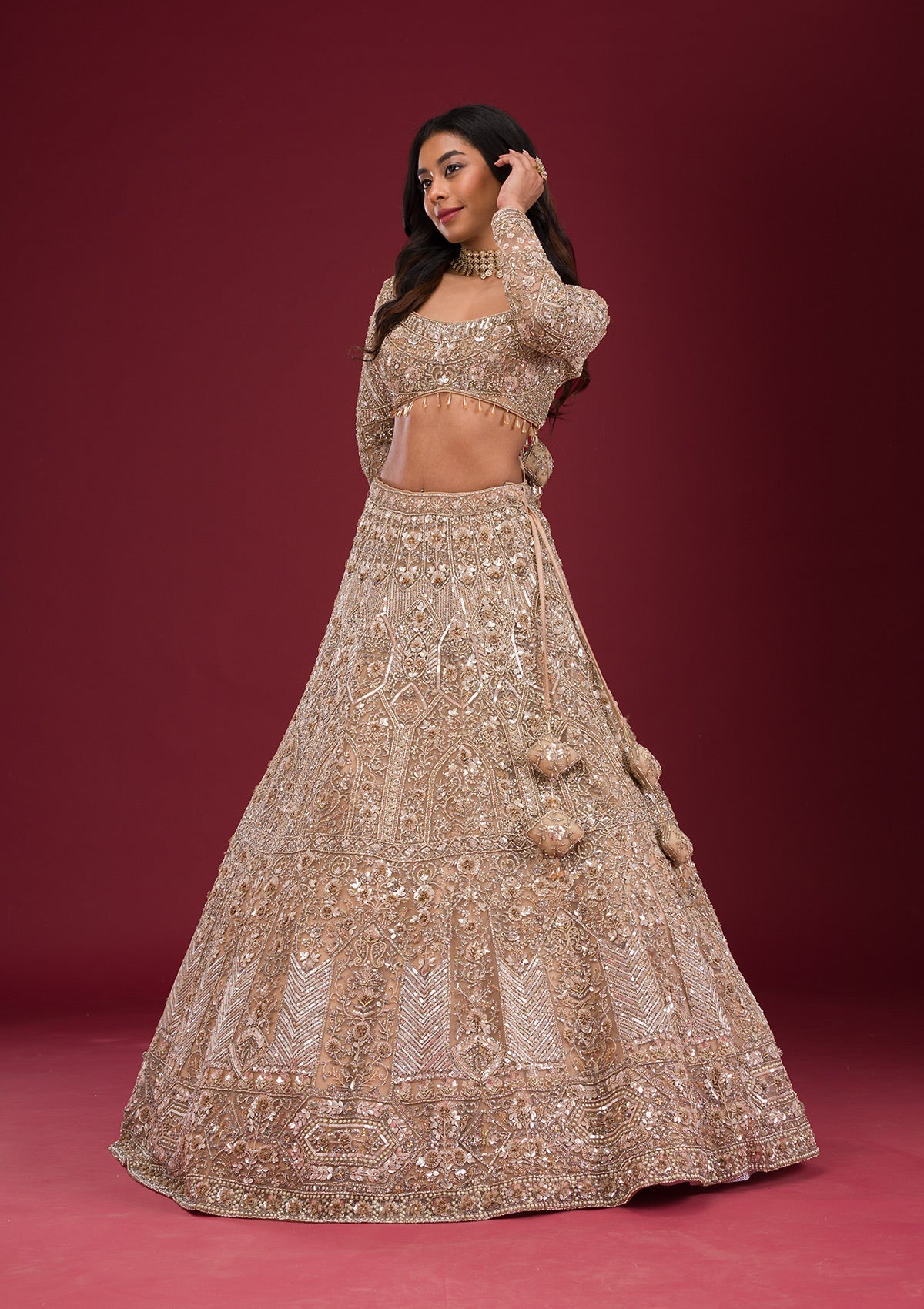 Gold Stonework Net Readymade Lehenga-Koskii