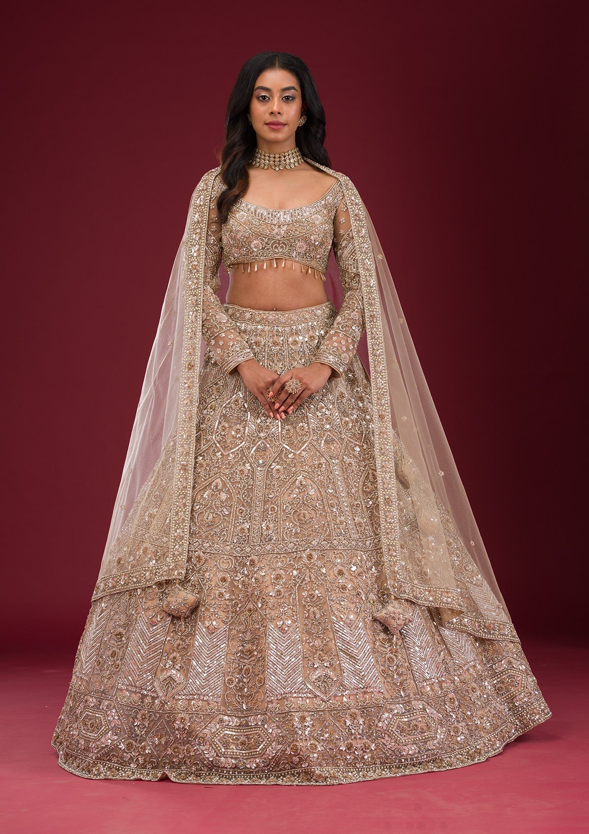 Gold Stonework Net Readymade Lehenga-Koskii