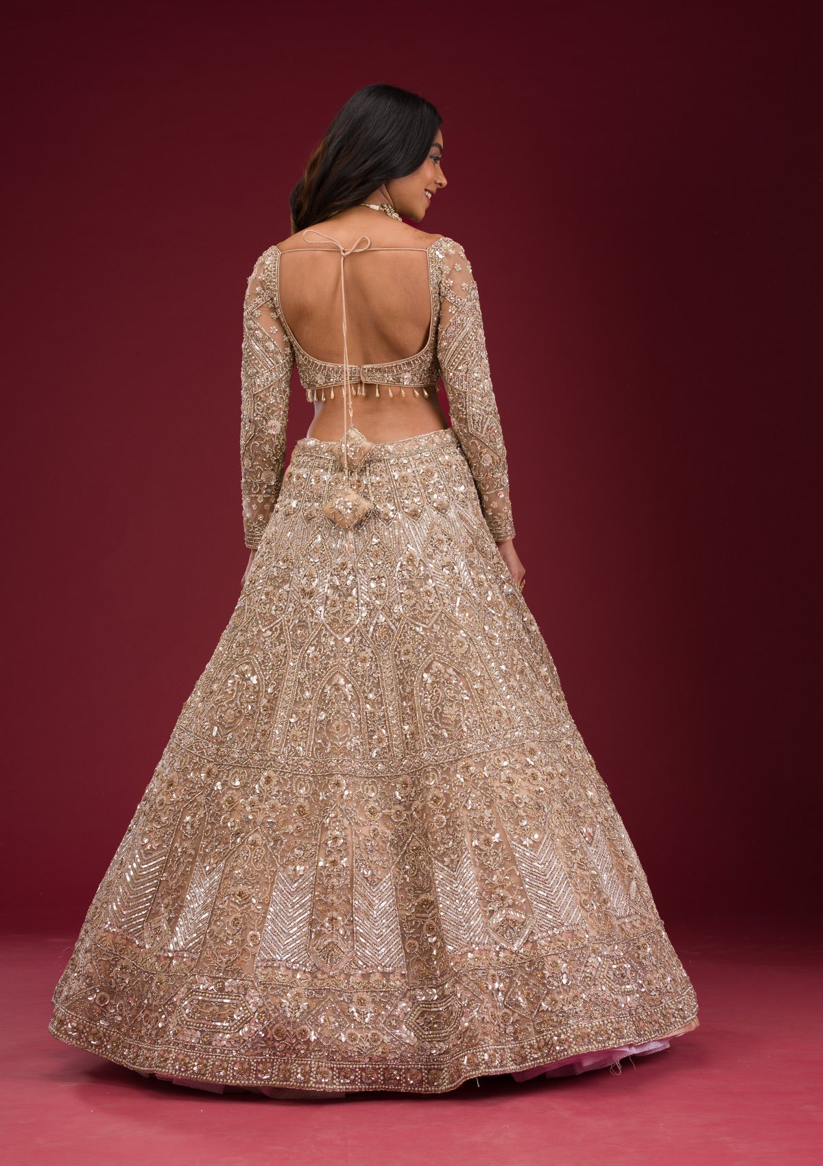 Gold Stonework Net Readymade Lehenga-Koskii