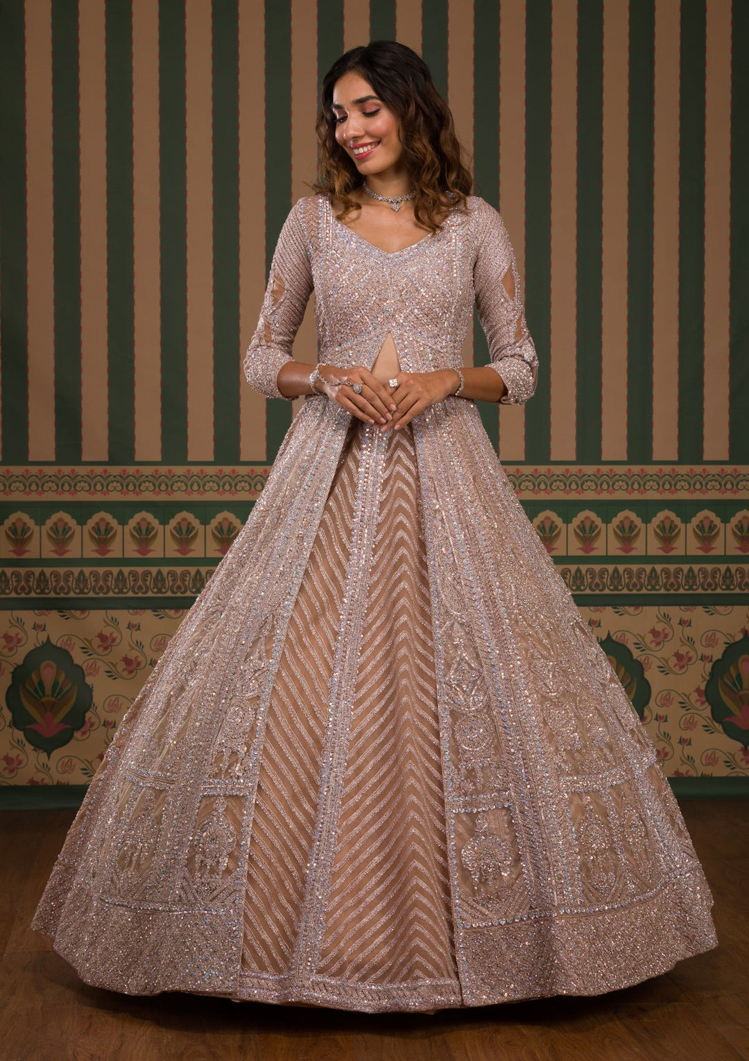 Gold Stonework Net Readymade Lehenga
