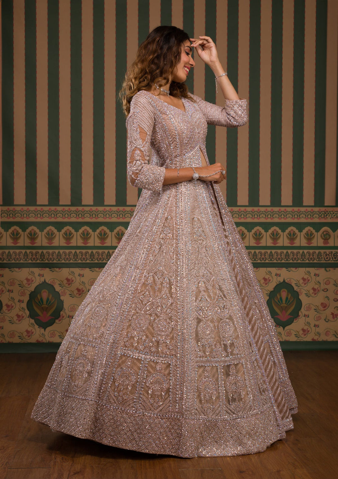 Gold Stonework Net Readymade Lehenga