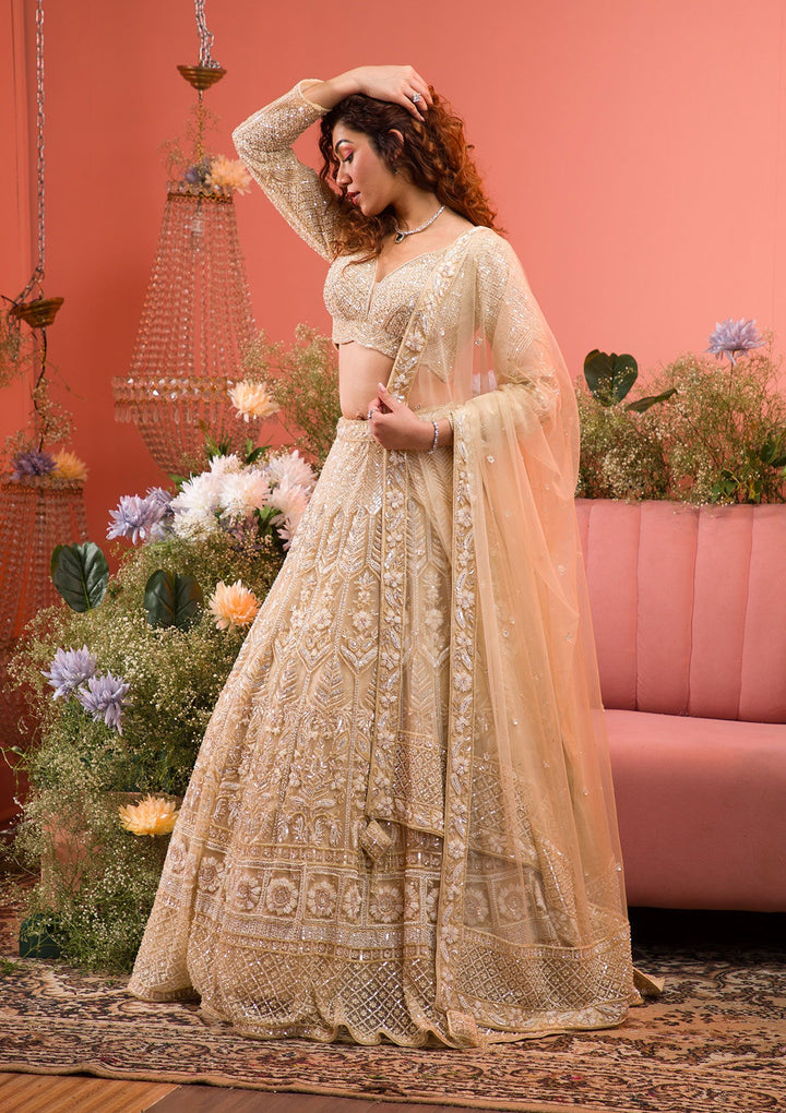 Gold Stonework Net Readymade Lehenga-Koskii