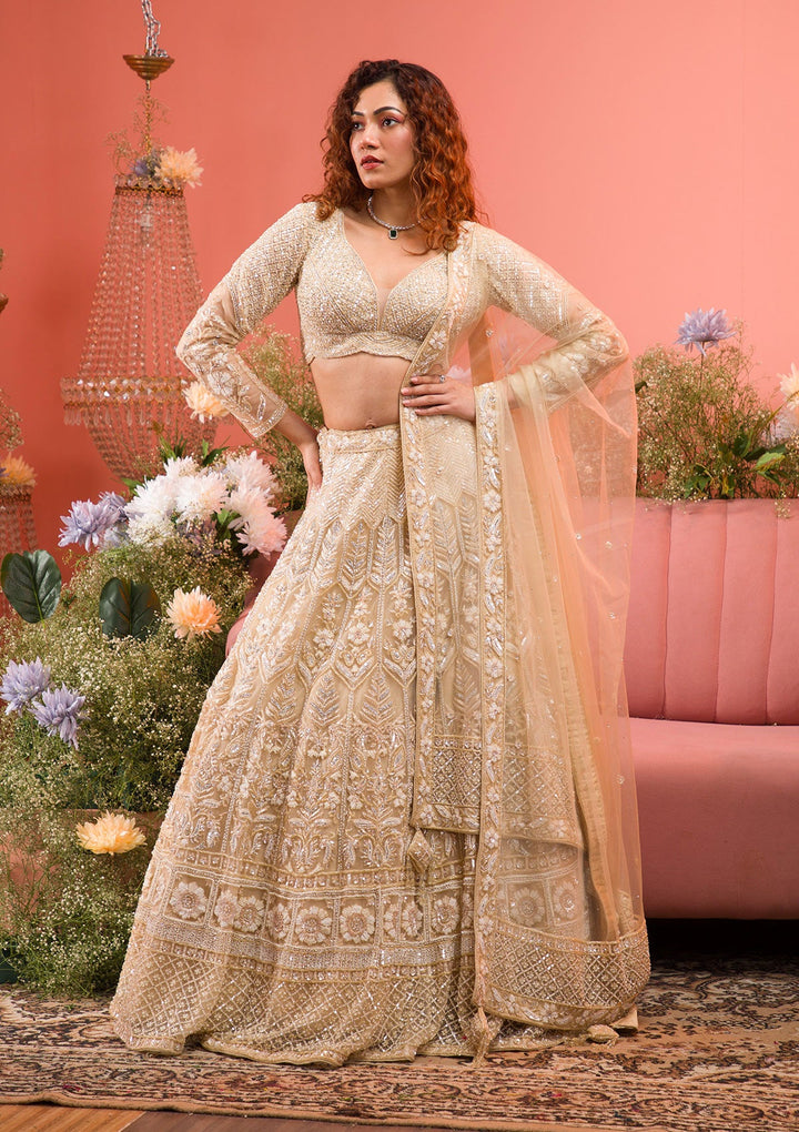 Gold Stonework Net Readymade Lehenga-Koskii
