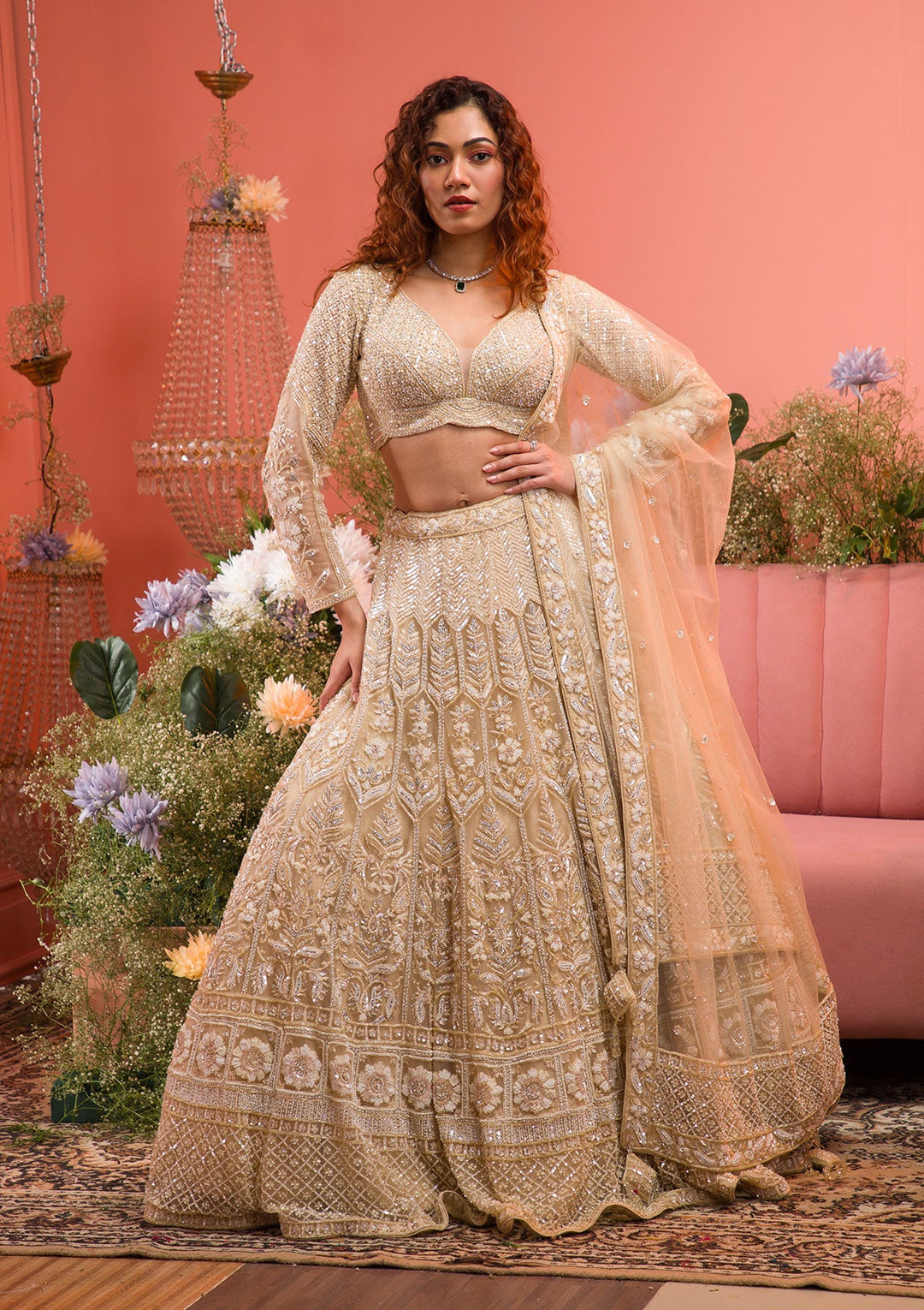 Gold Stonework Net Readymade Lehenga-Koskii