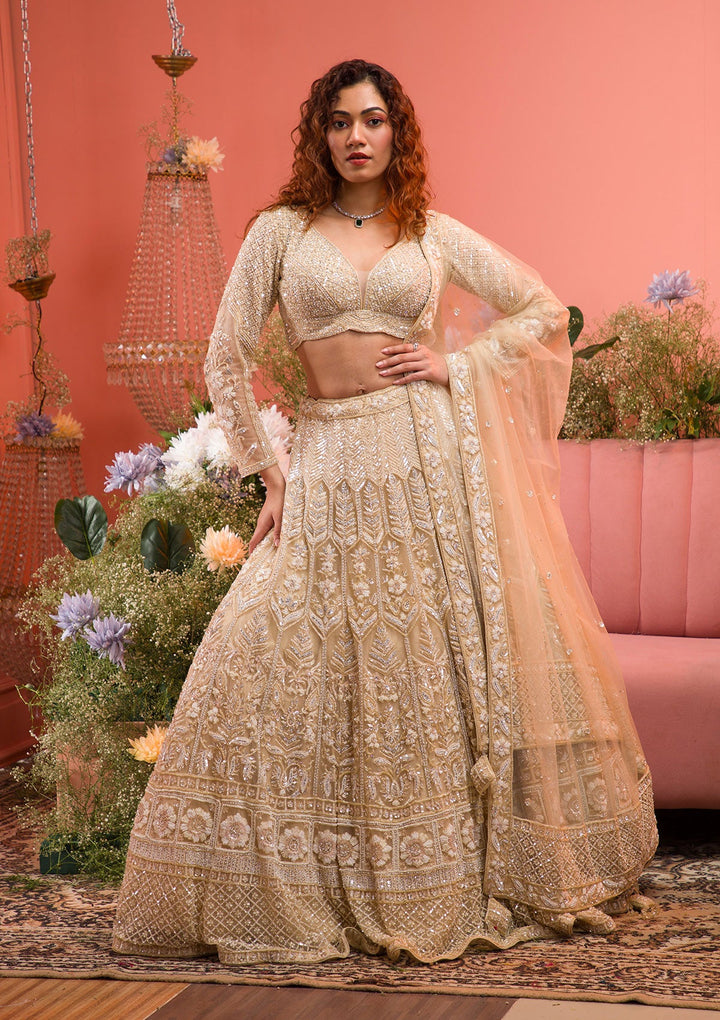 Gold Stonework Net Readymade Lehenga-Koskii