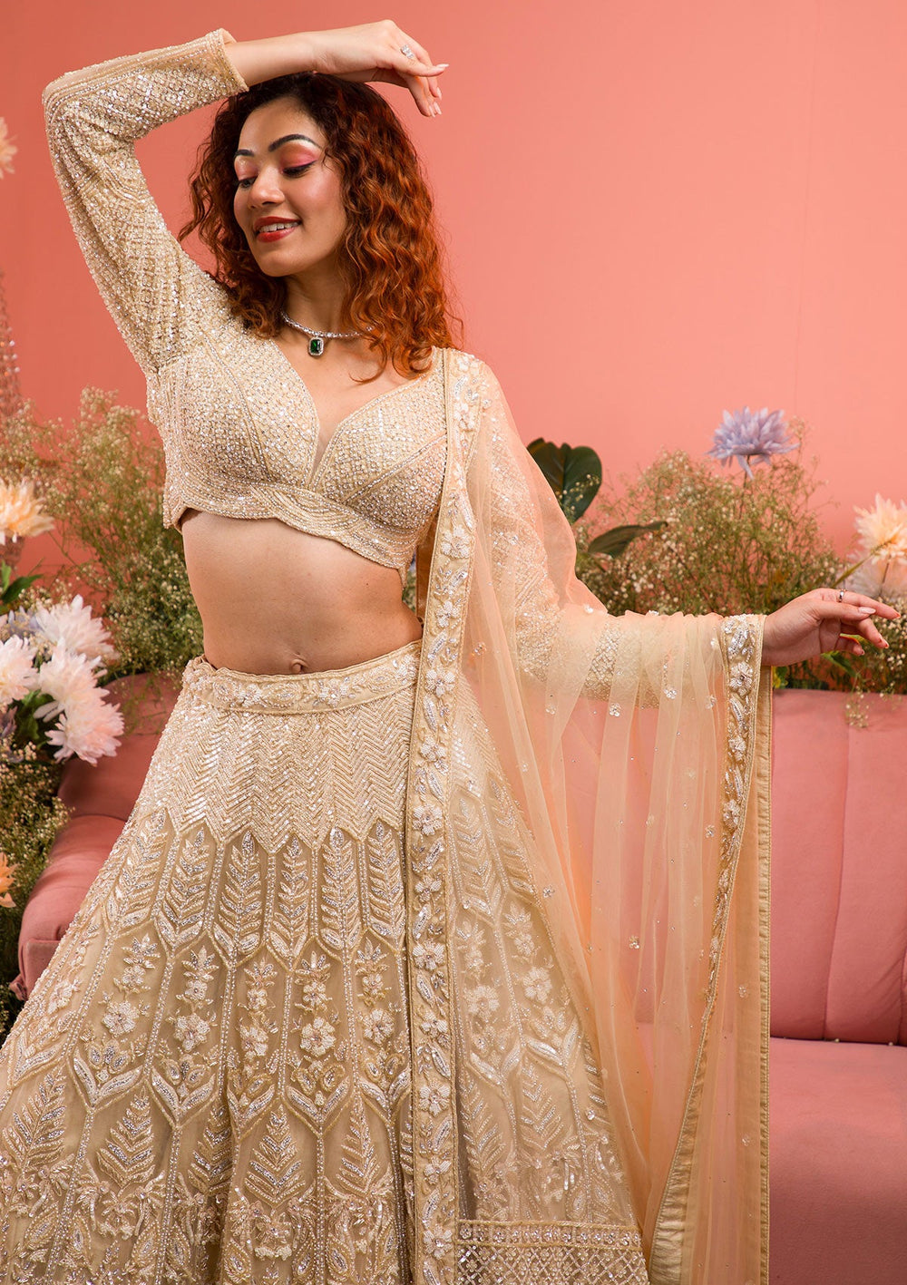 Gold Stonework Net Readymade Lehenga-Koskii