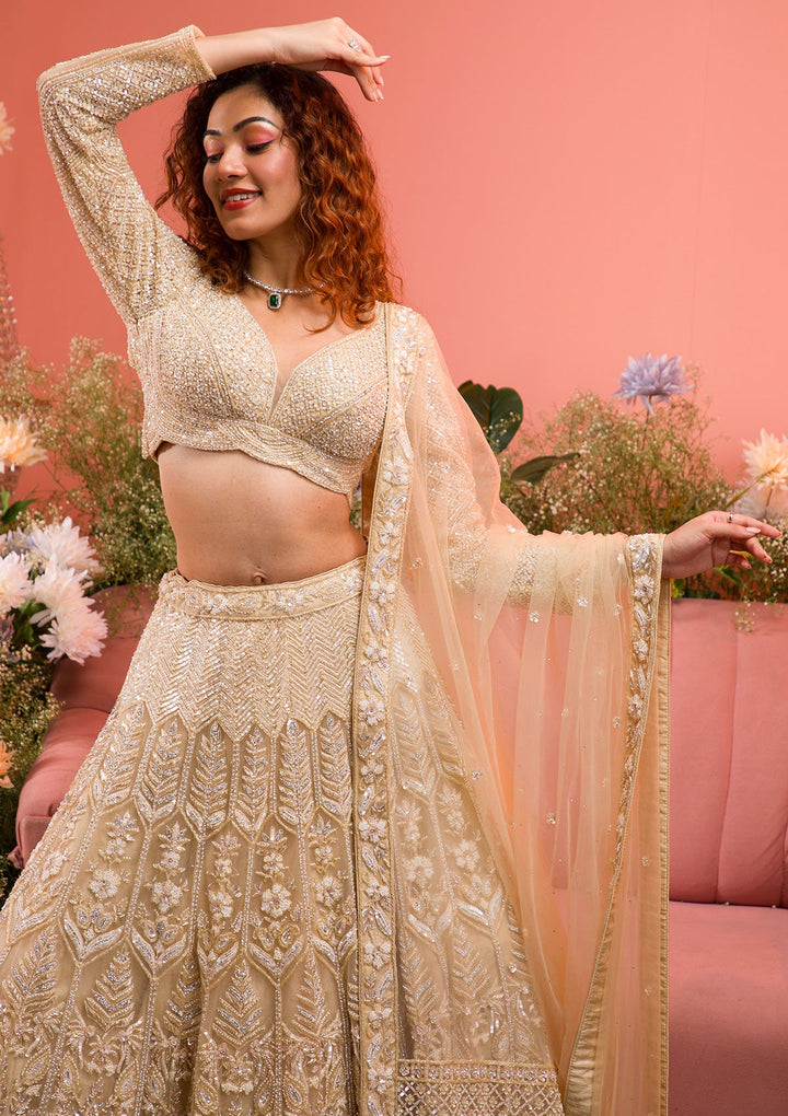 Gold Stonework Net Readymade Lehenga-Koskii