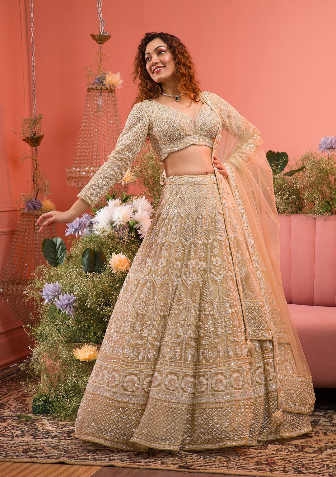 Gold Stonework Net Readymade Lehenga-Koskii