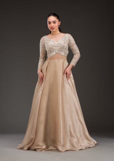 Gold Stonework Semi Crepe Gown-Koskii