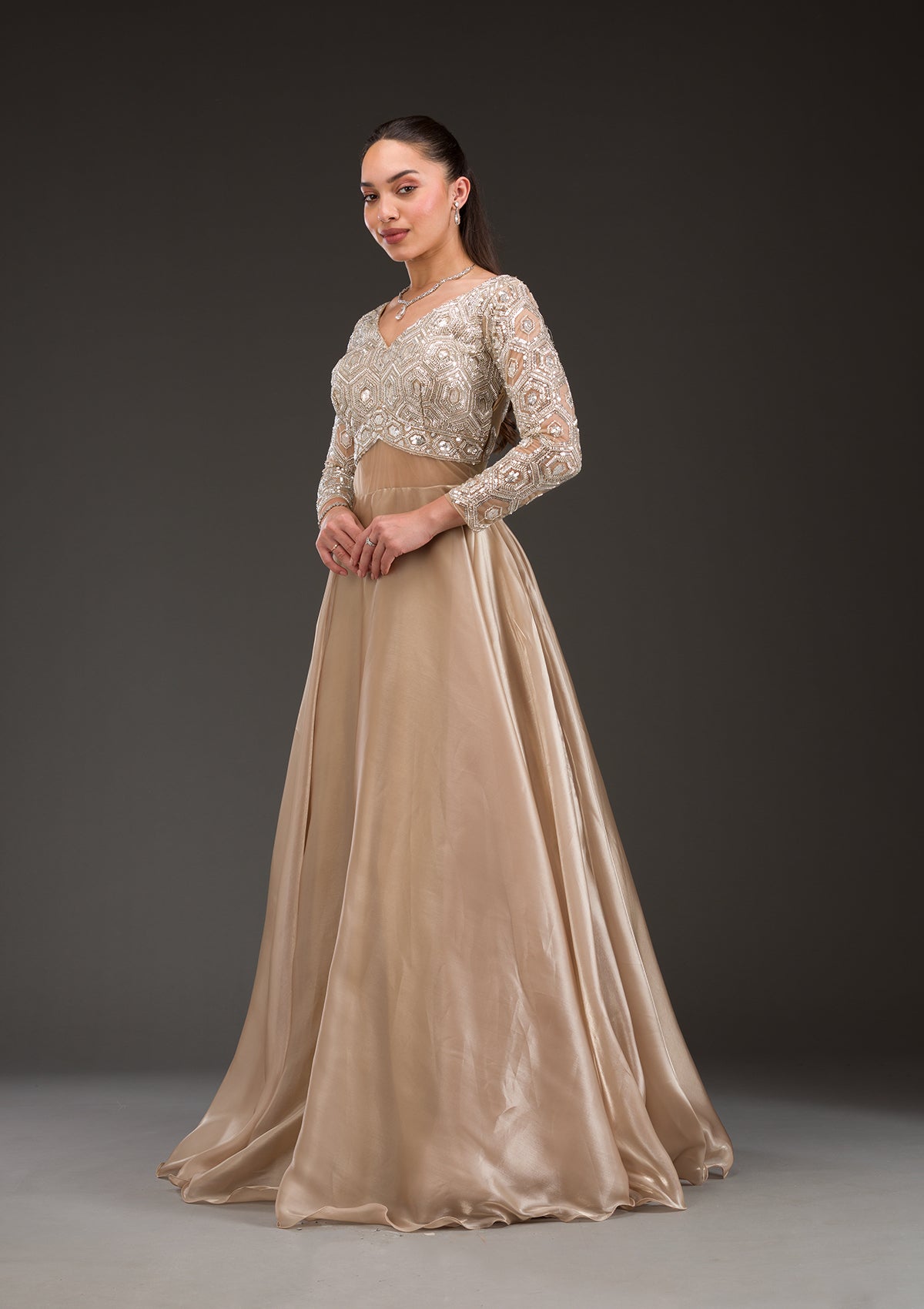 Gold Stonework Semi Crepe Gown-Koskii