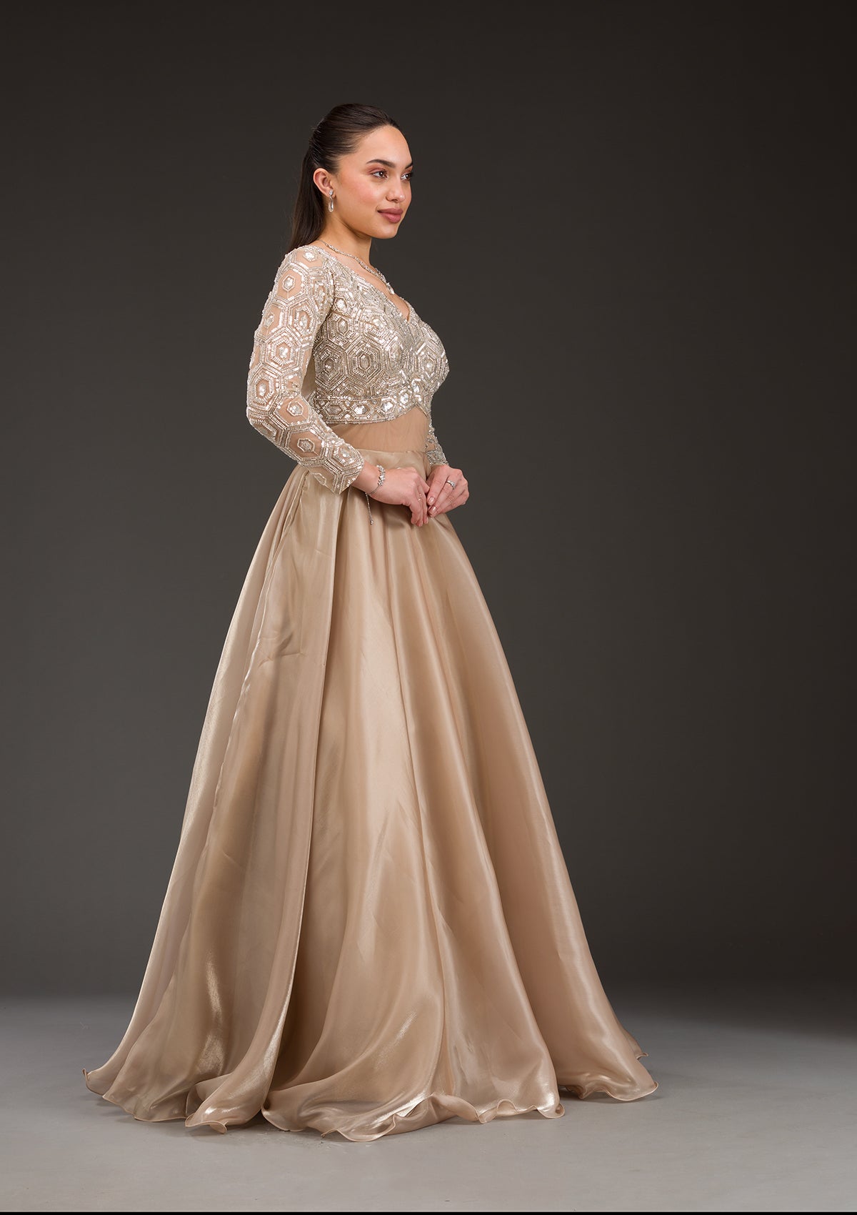 Gold Stonework Semi Crepe Gown-Koskii