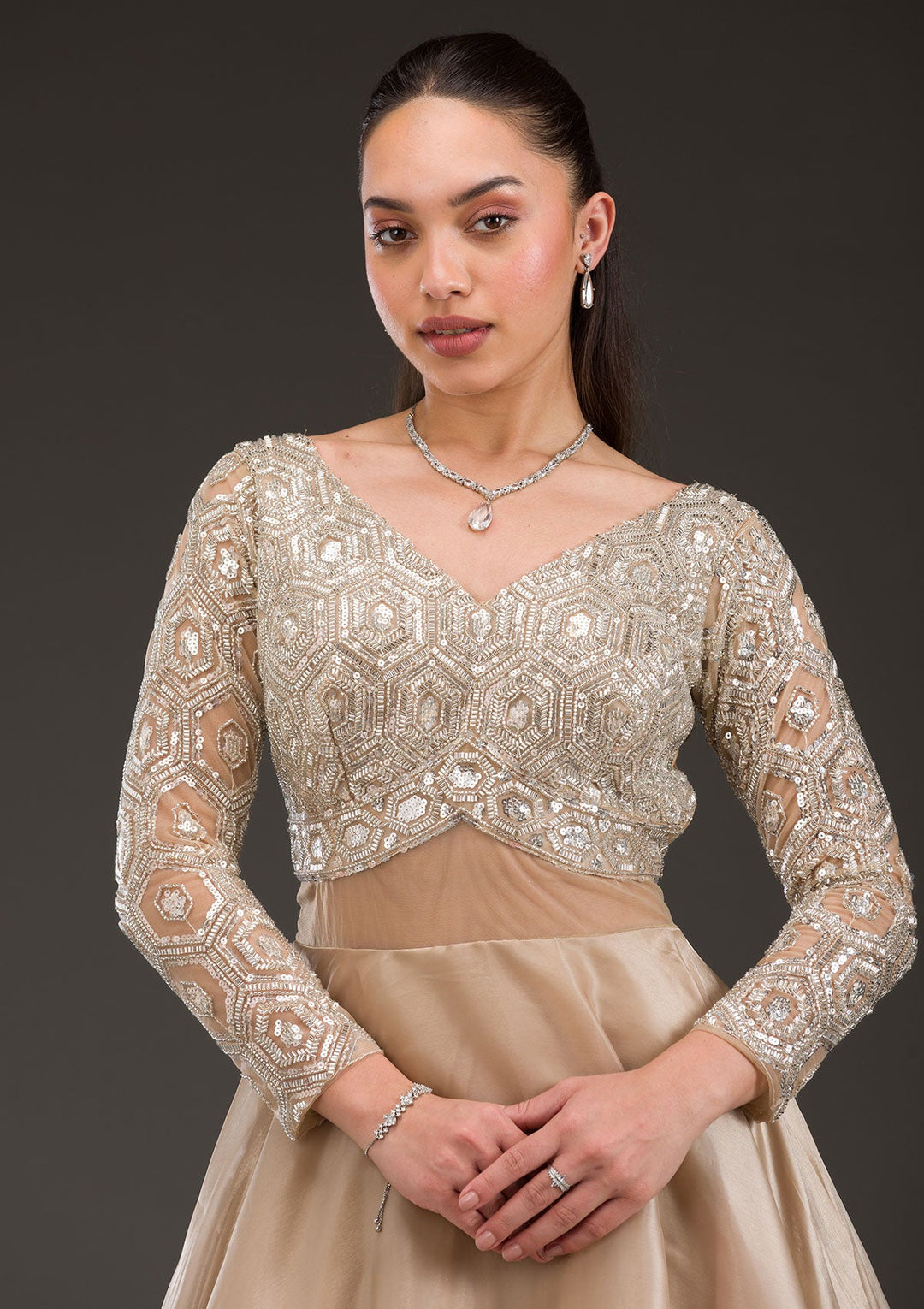Buy Gold Stonework Semi Crepe Gown - Koskii Buy Gold Stonework Semi Crepe Gown - Koskii