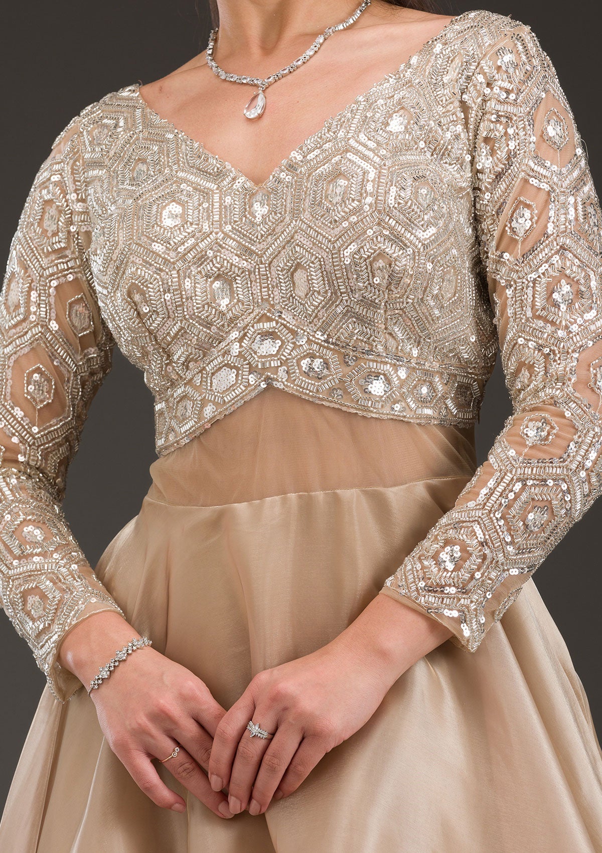 Gold Stonework Semi Crepe Gown-Koskii