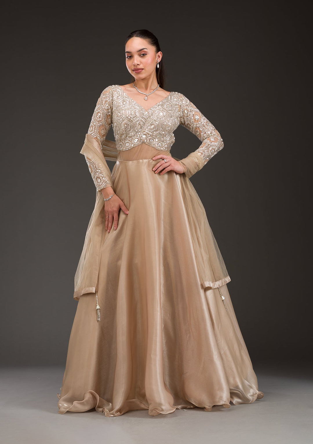 Buy Gold Stonework Semi Crepe Gown - Koskii Buy Gold Stonework Semi Crepe Gown - Koskii