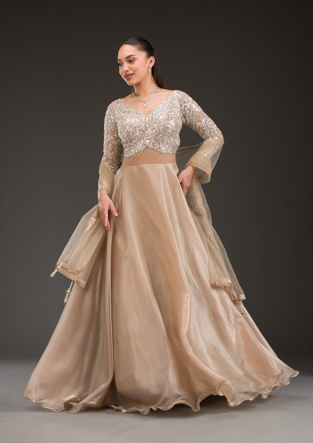 Gold Stonework Semi Crepe Gown-Koskii