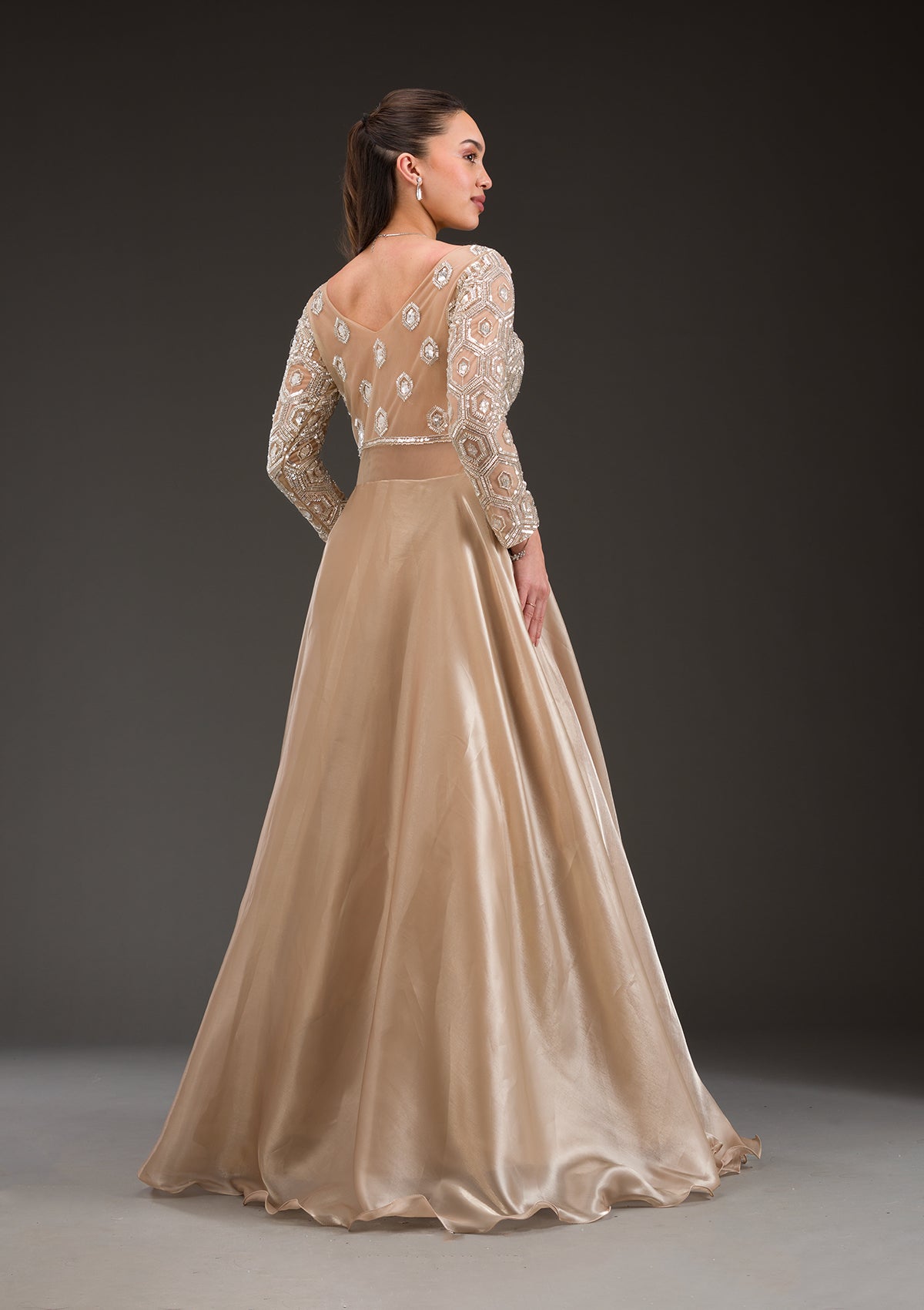 Gold Stonework Semi Crepe Gown-Koskii