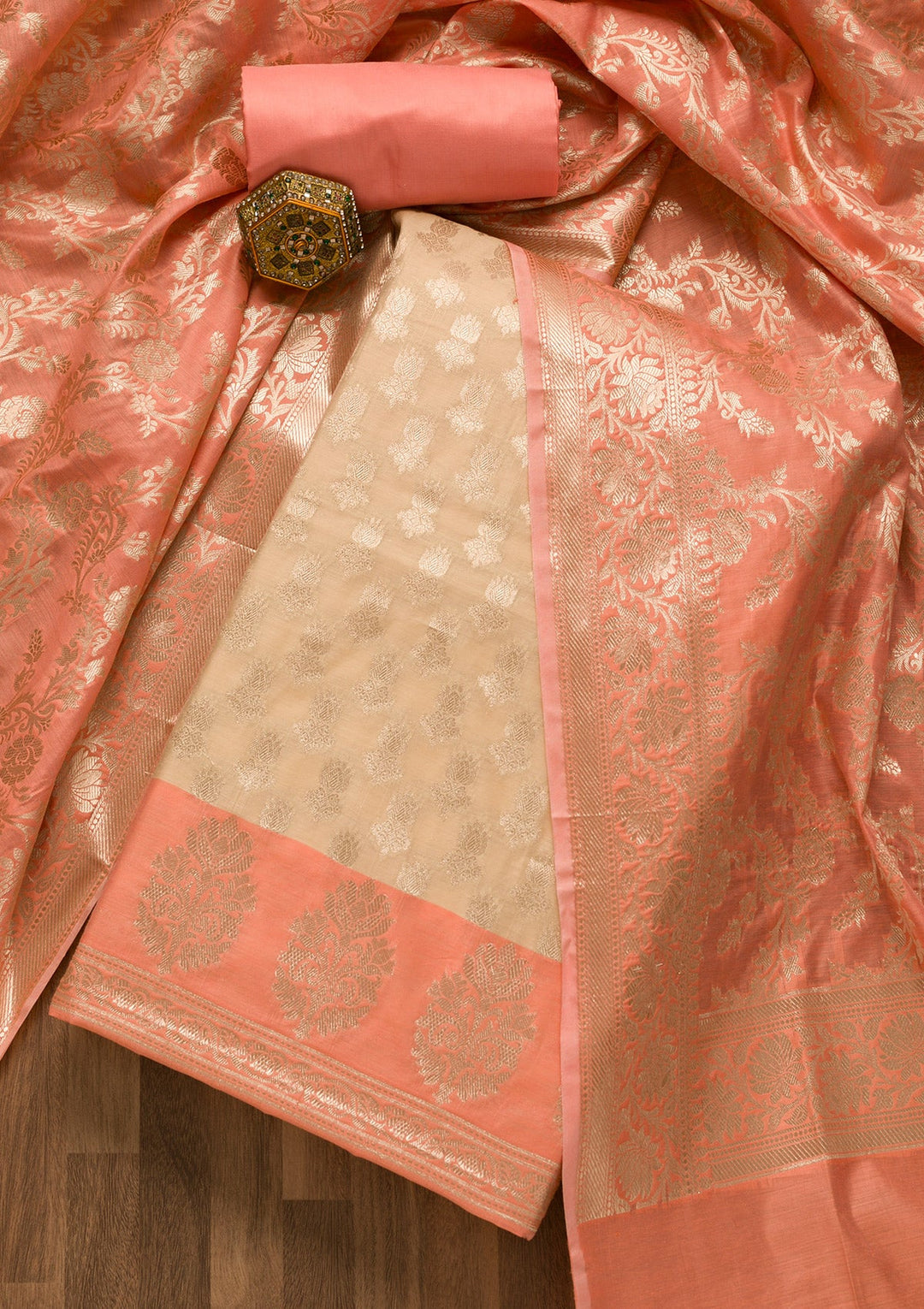 Gold Zariwork Banarasi Unstitched Salwar Suit-Koskii