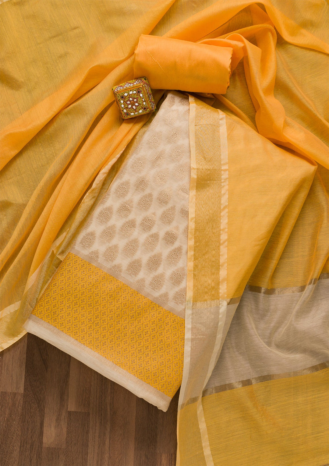 Gold Zariwork Brocade Unstitched Salwar Kameez-Koskii