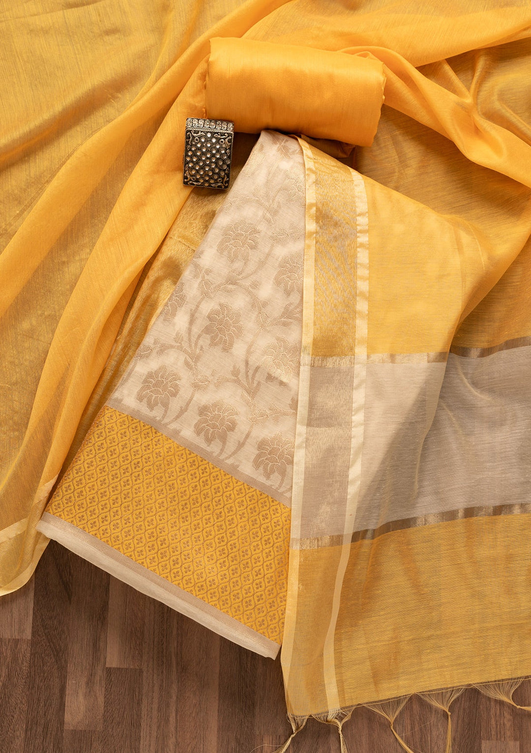 Gold Zariwork Brocade Unstitched Salwar Kameez-Koskii