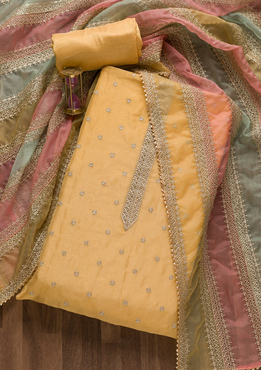 Gold Zariwork Organza Unstitched Salwar Suit-Koskii