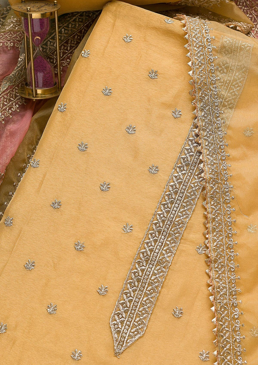 Gold Zariwork Organza Unstitched Salwar Suit-Koskii