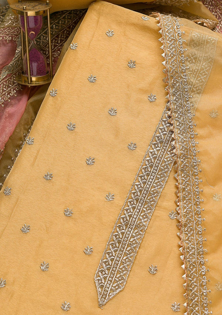 Gold Zariwork Organza Unstitched Salwar Suit-Koskii