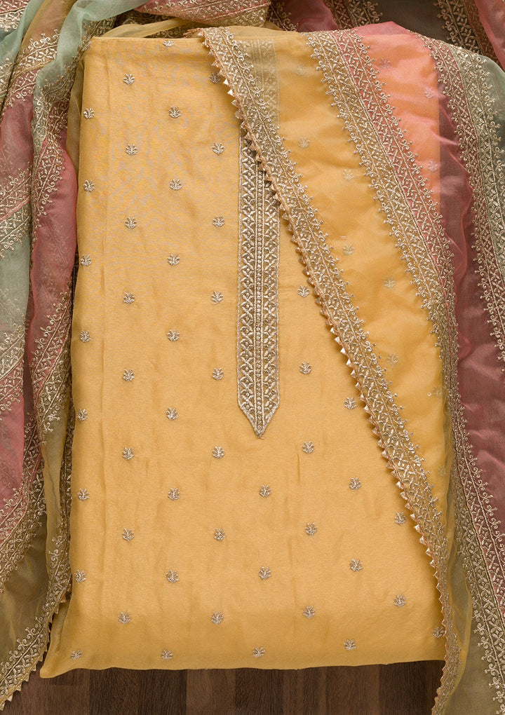 Gold Zariwork Organza Unstitched Salwar Suit-Koskii