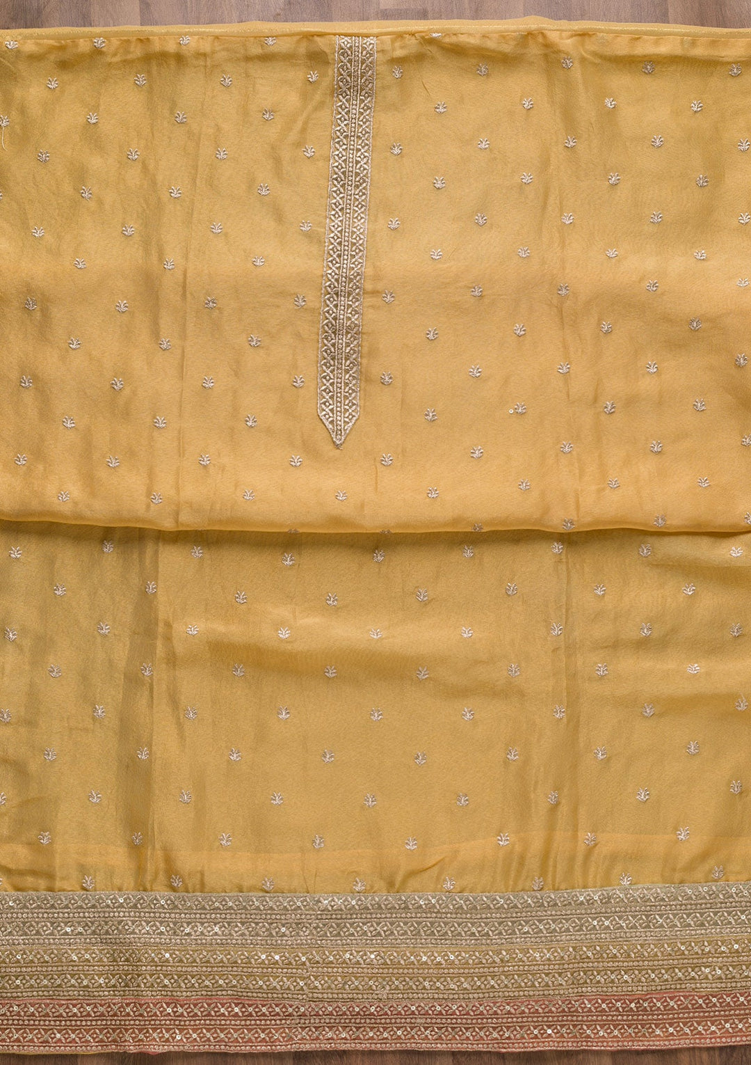 Gold Zariwork Organza Unstitched Salwar Suit-Koskii