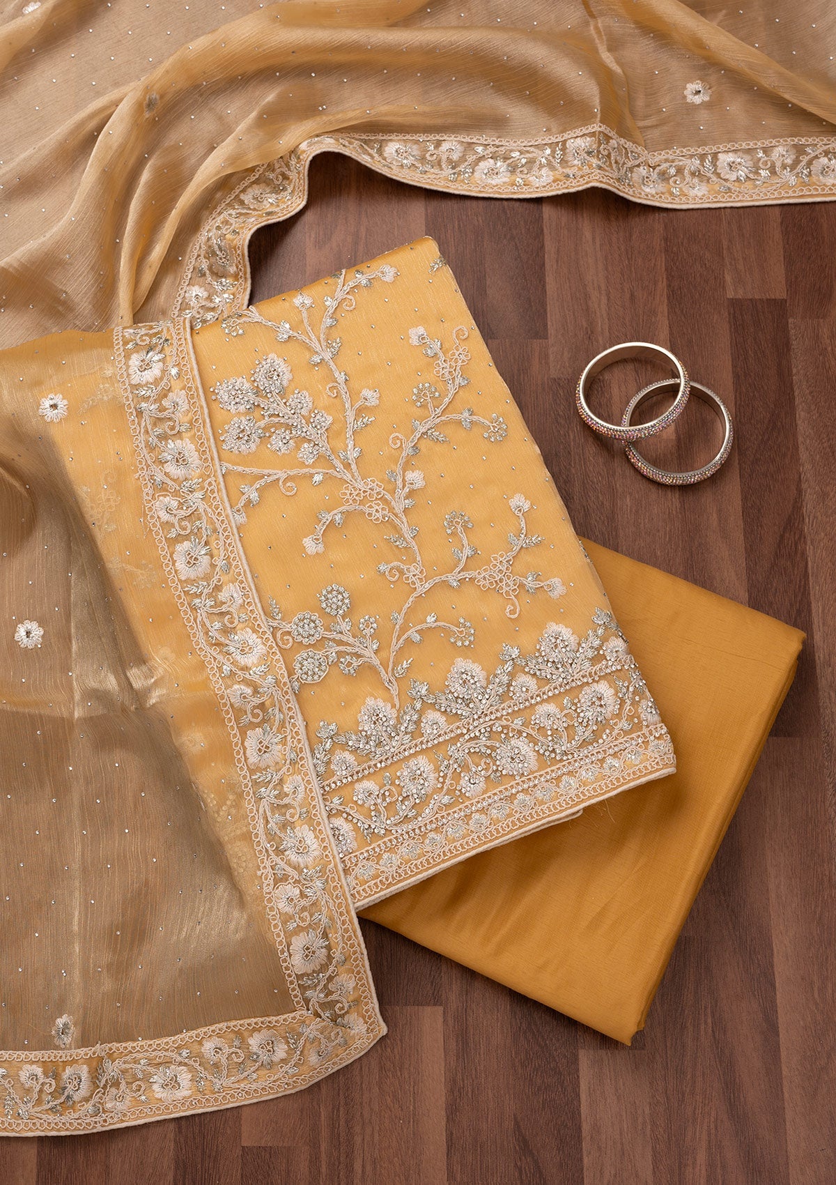 Gold Zariwork Semi Crepe Unstitched Salwar Suit-Koskii