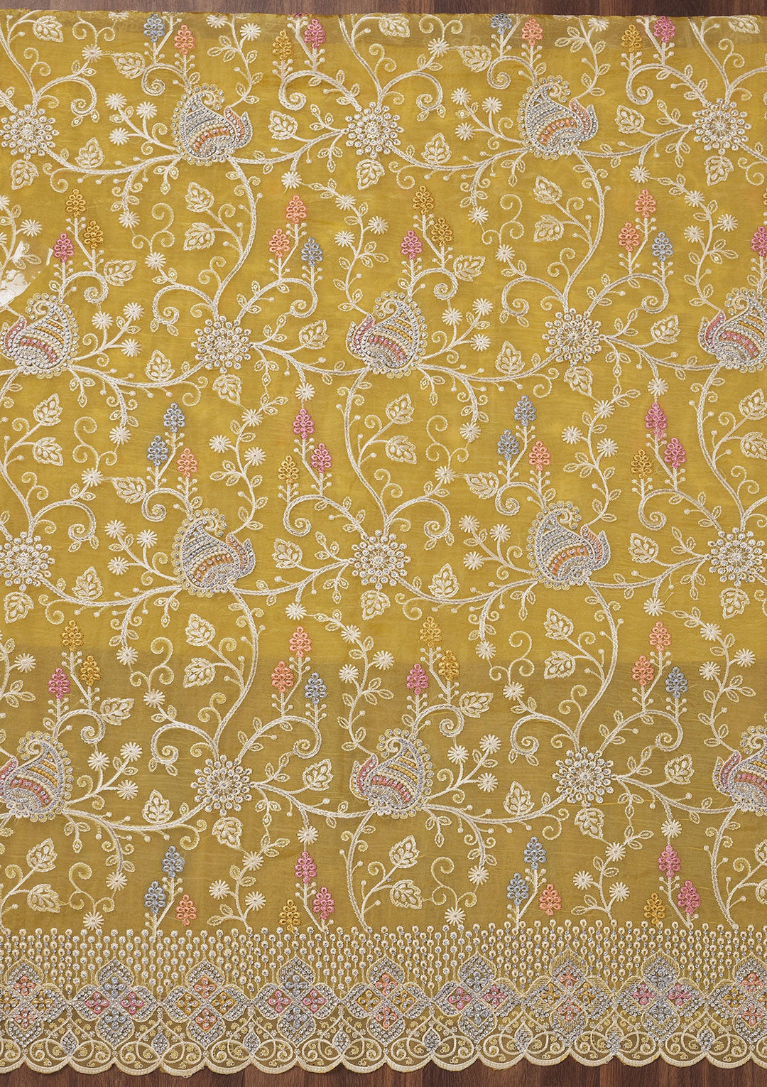 Gold Zariwork Semi Crepe Unstitched Salwar Suit-Koskii