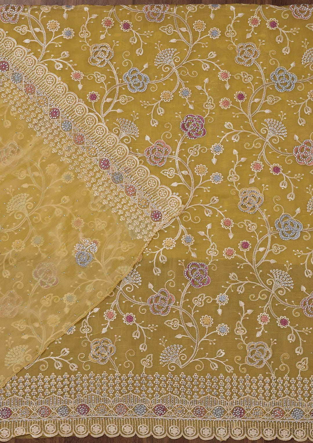 Lemon Yellow Zariwork Semi Crepe Unstitched Salwar Suit-Koskii
