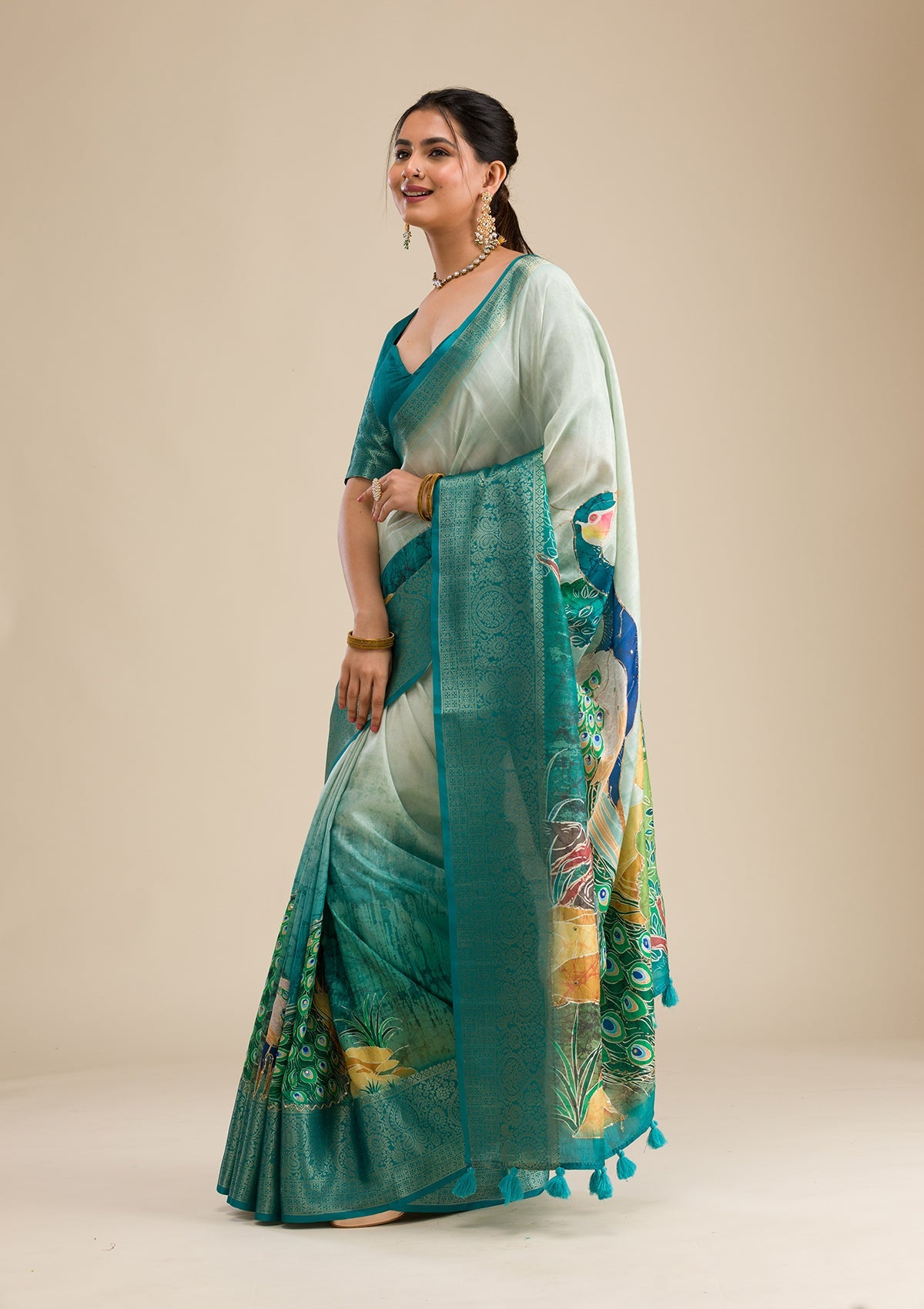 Green Printed Art Silk Saree-Koskii