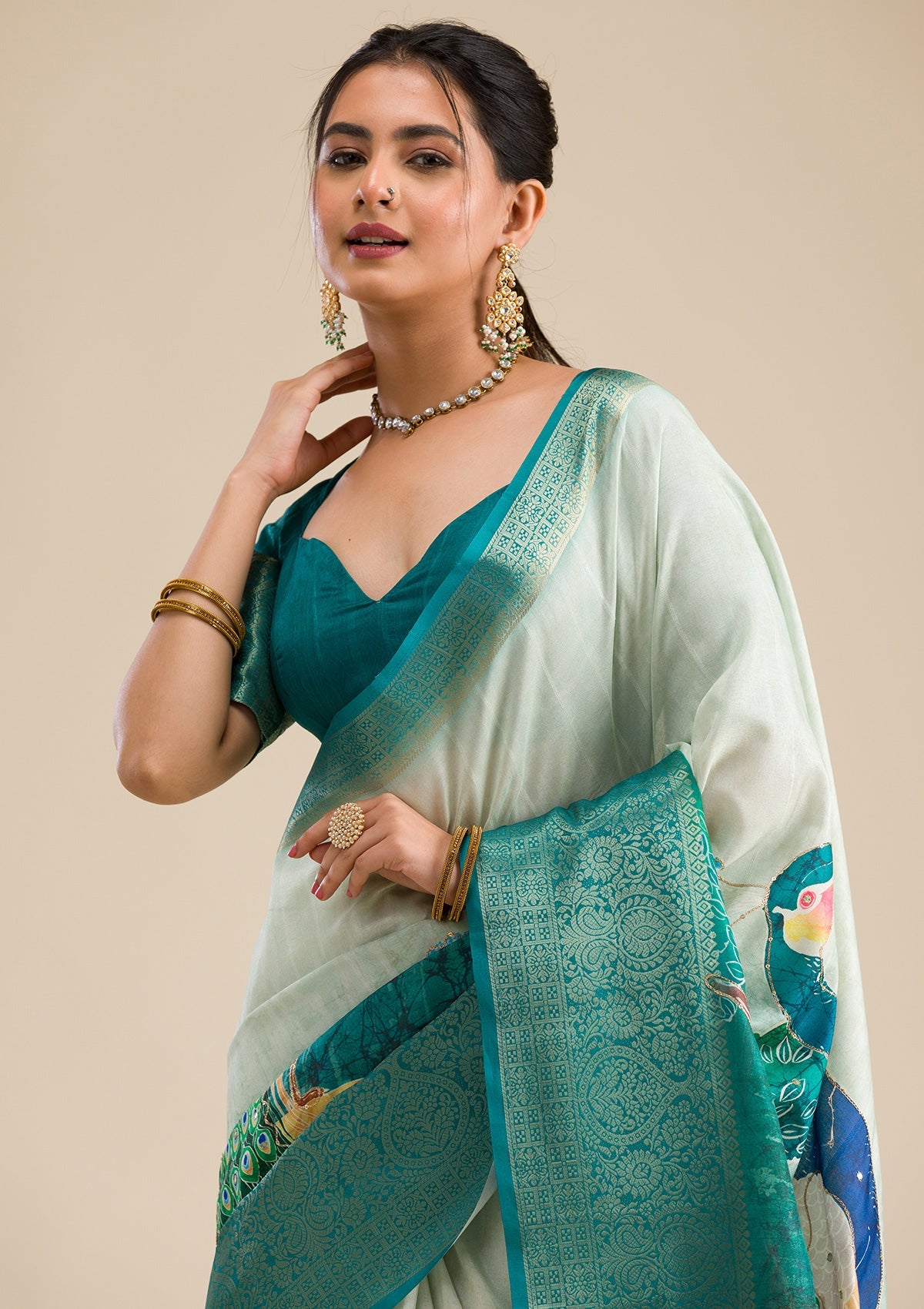 Green Printed Art Silk Saree-Koskii