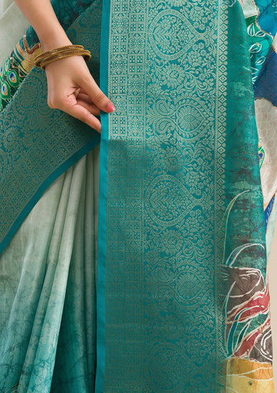 Green Printed Art Silk Saree-Koskii