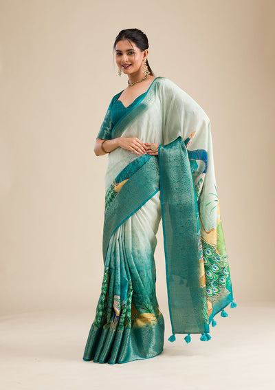 Green Printed Art Silk Saree-Koskii