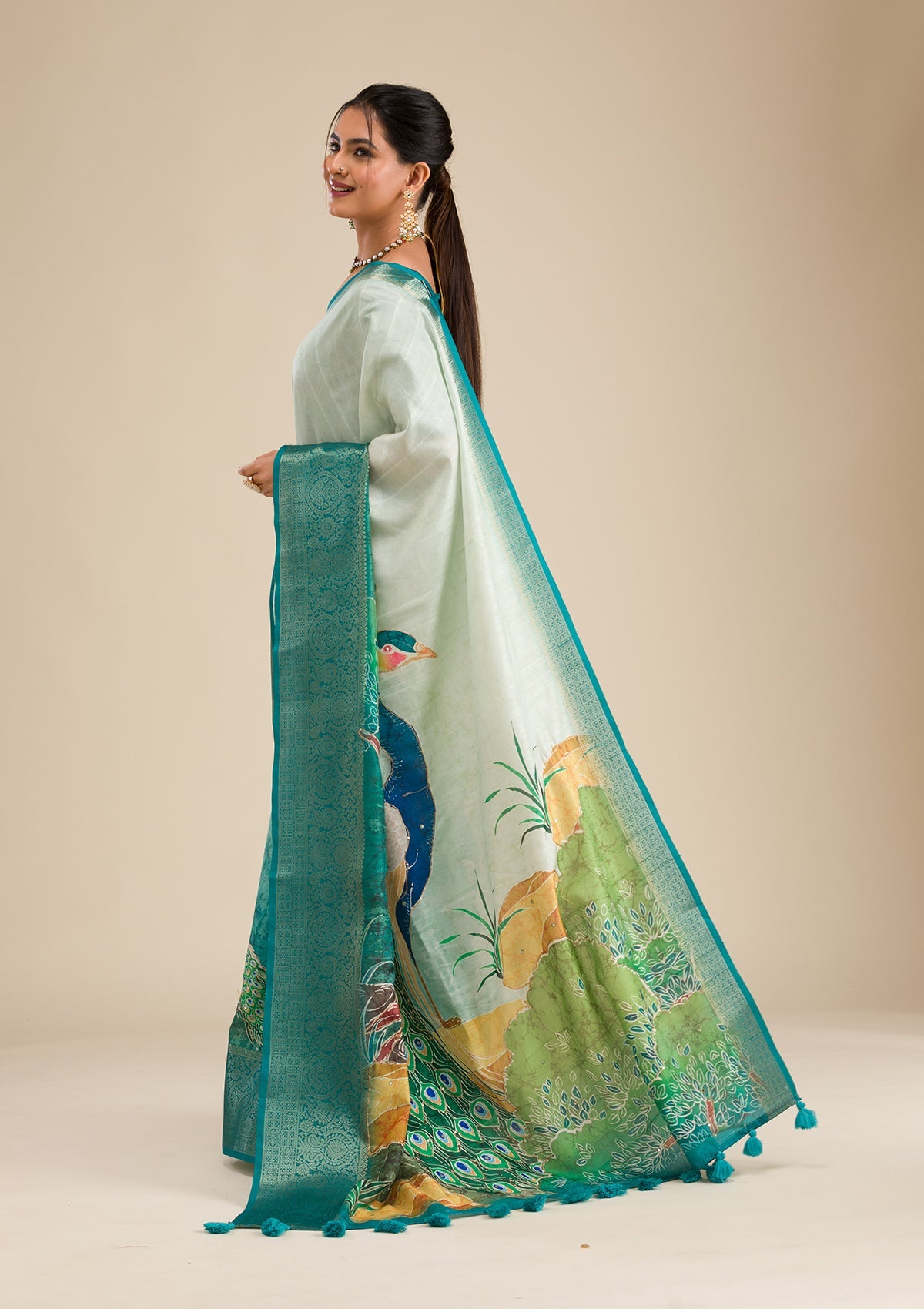 Green Printed Art Silk Saree-Koskii