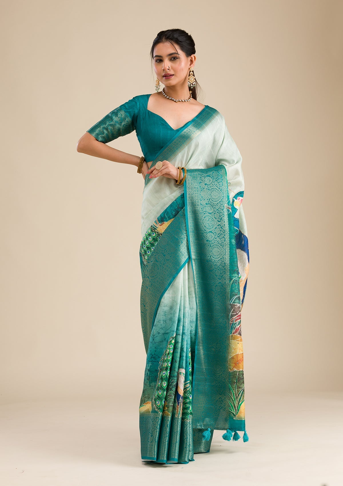 Green Printed Art Silk Saree-Koskii