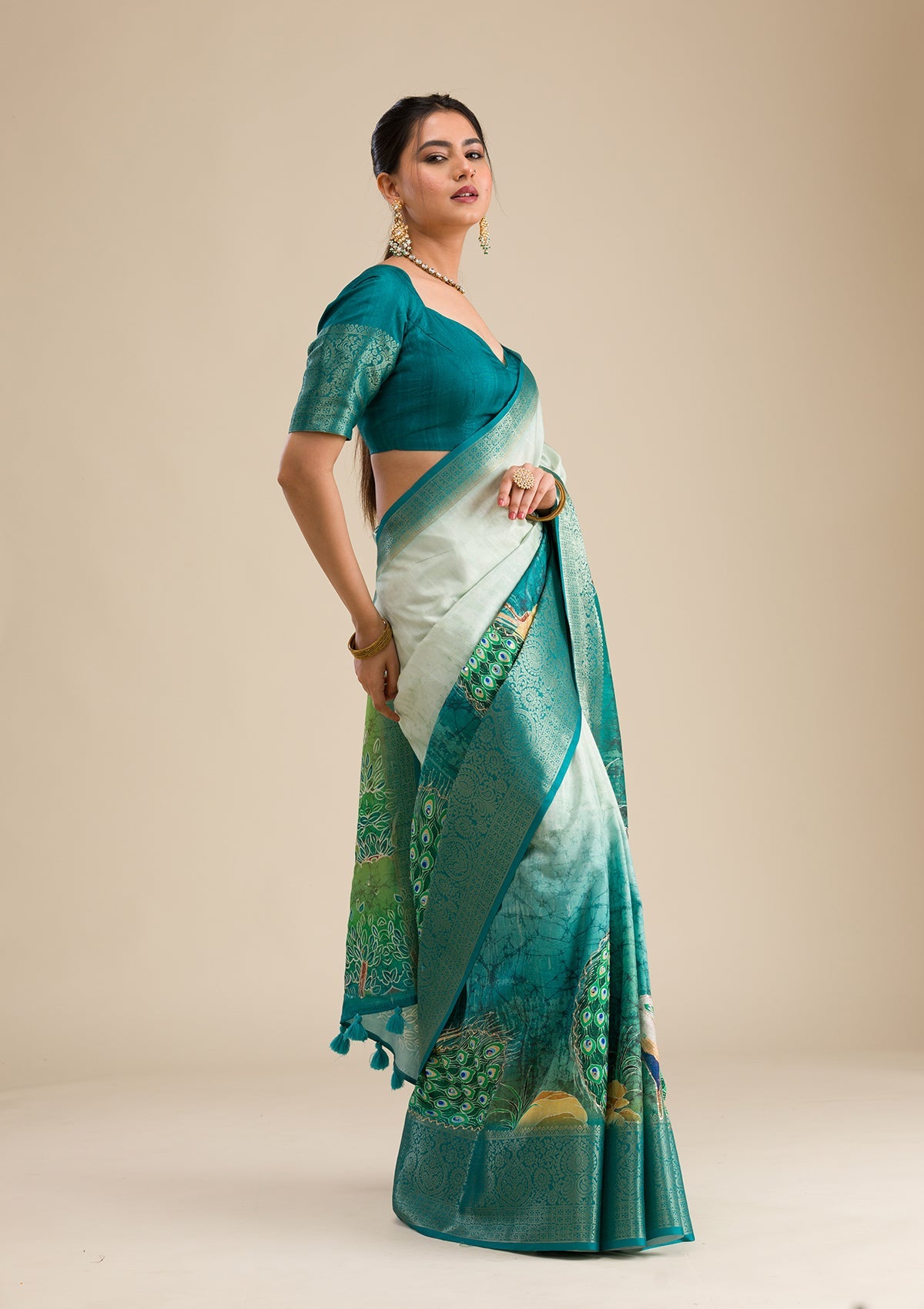 Green Printed Art Silk Saree-Koskii