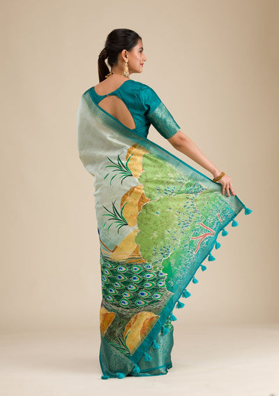 Green Printed Art Silk Saree-Koskii