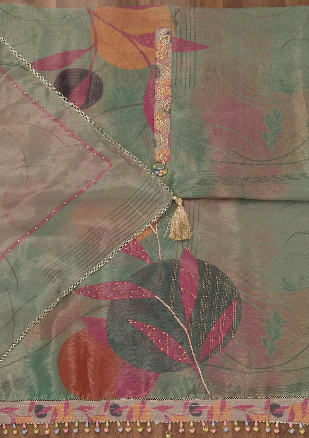 Green Printed Semi Crepe Unstitched Salwar Suit-Koskii