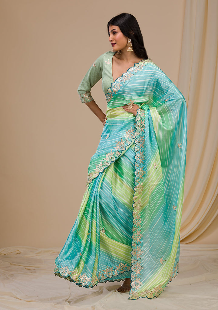 Green Printed Semi Crepe Saree-Koskii