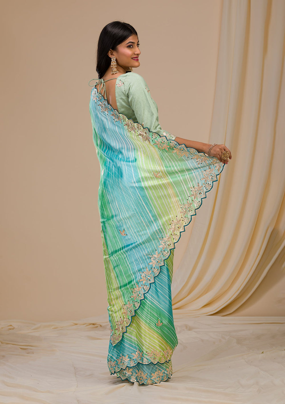 Green Printed Semi Crepe Saree-Koskii