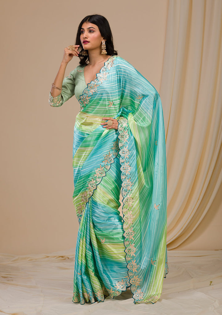 Green Printed Semi Crepe Saree-Koskii