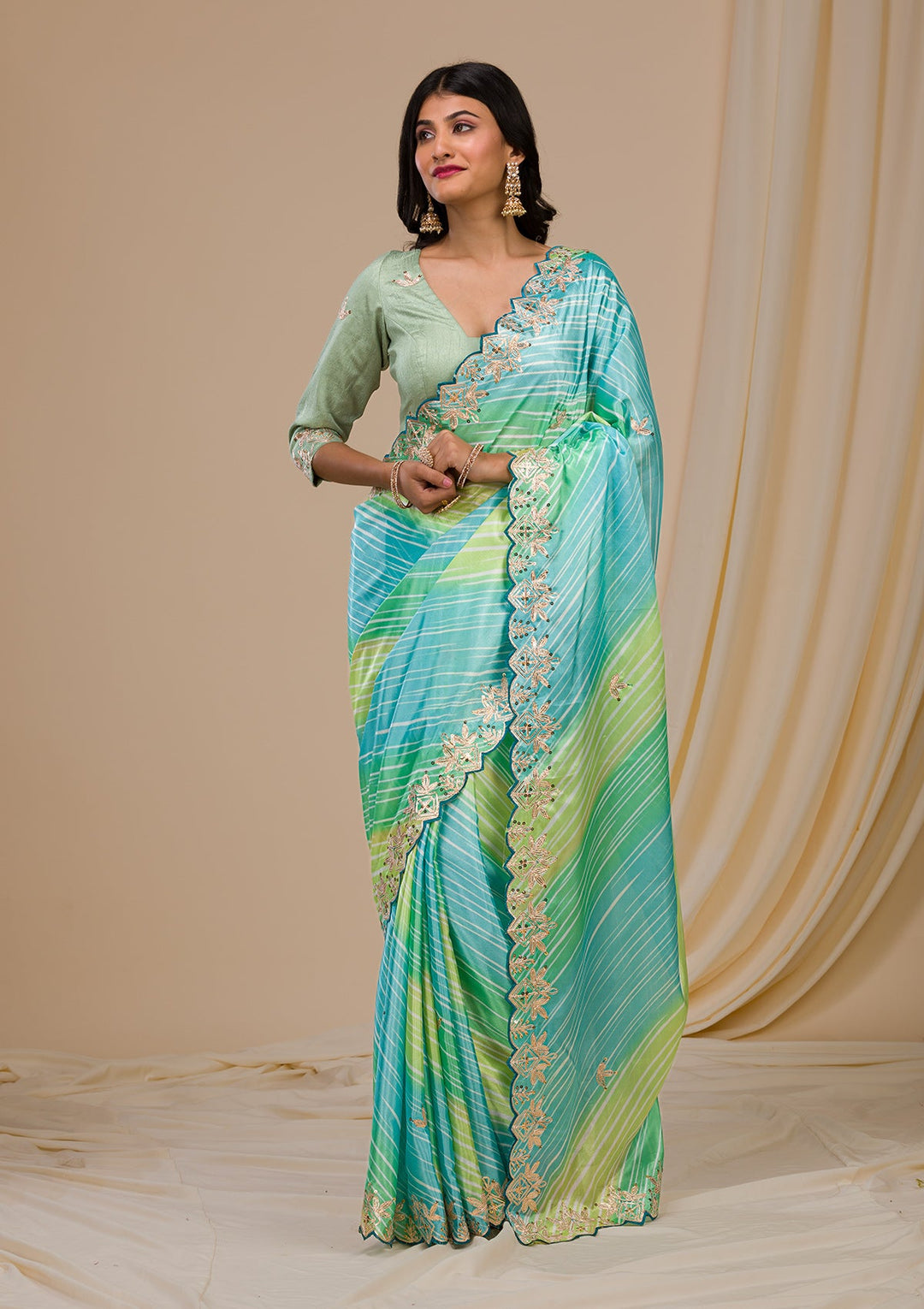 Green Printed Semi Crepe Saree-Koskii