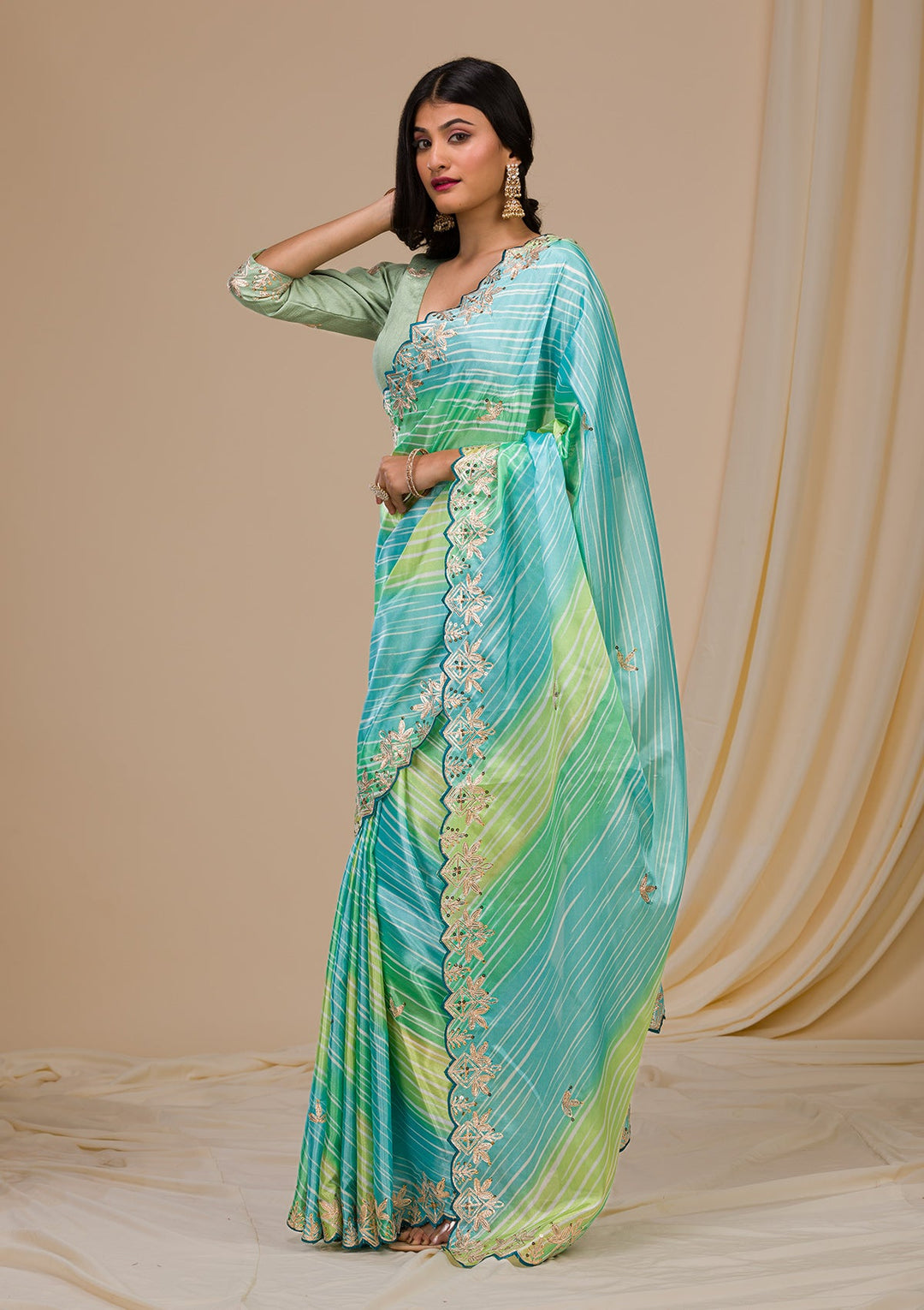 Green Printed Semi Crepe Saree-Koskii