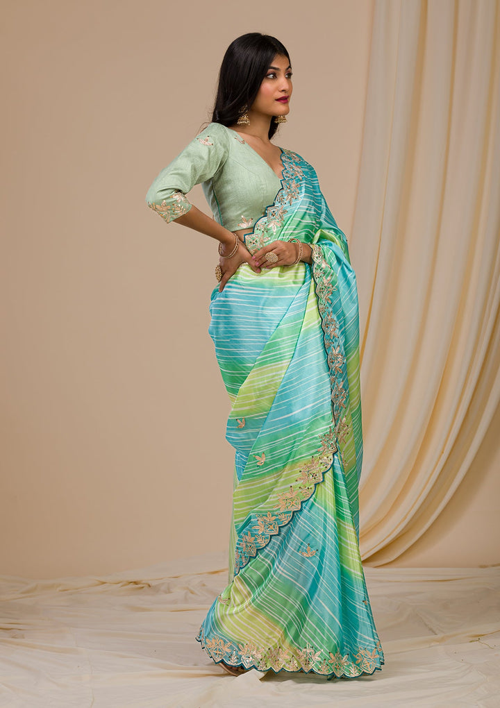 Green Printed Semi Crepe Saree-Koskii
