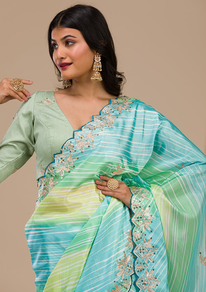 Green Printed Semi Crepe Saree-Koskii