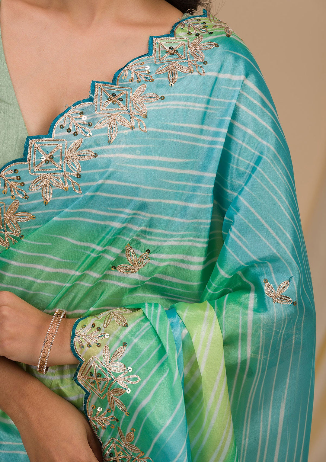 Green Printed Semi Crepe Saree-Koskii
