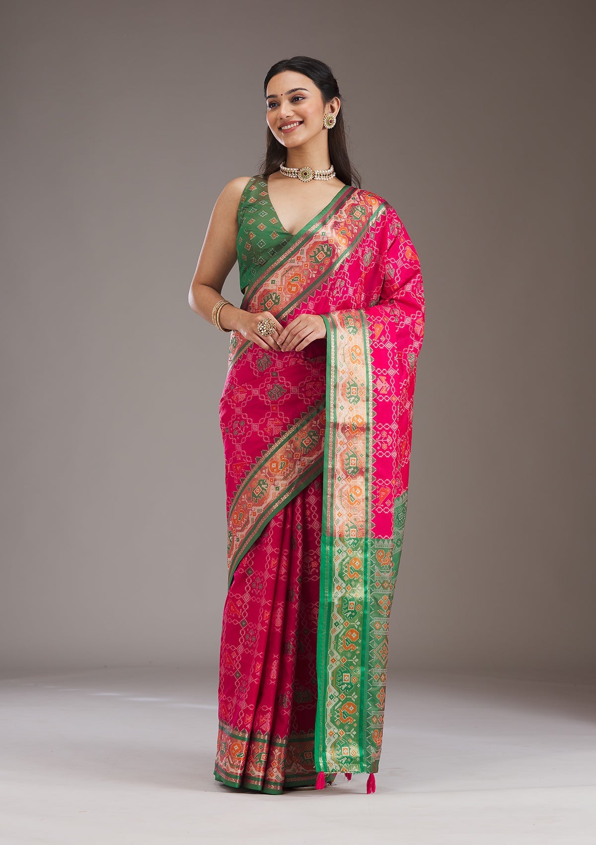 Green Printed Silk Saree-Koskii