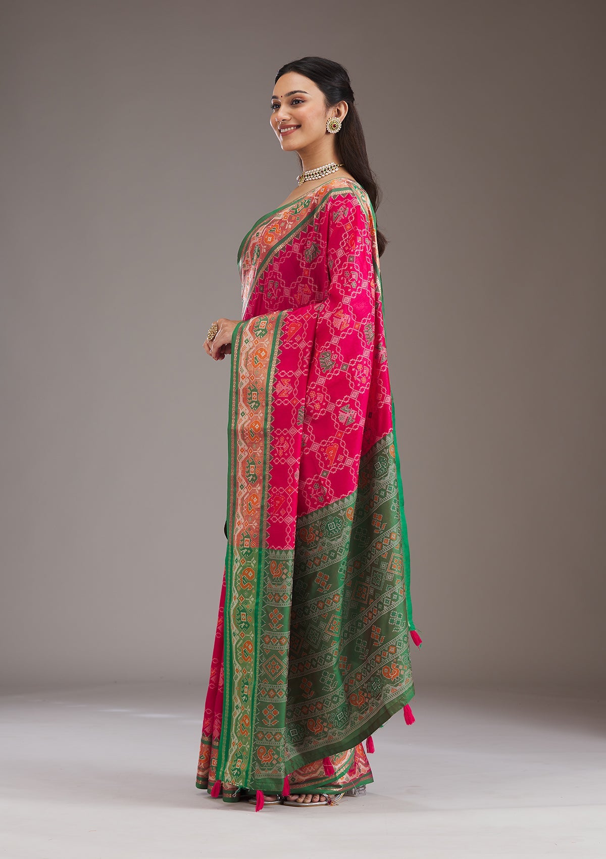 Green Printed Silk Saree-Koskii